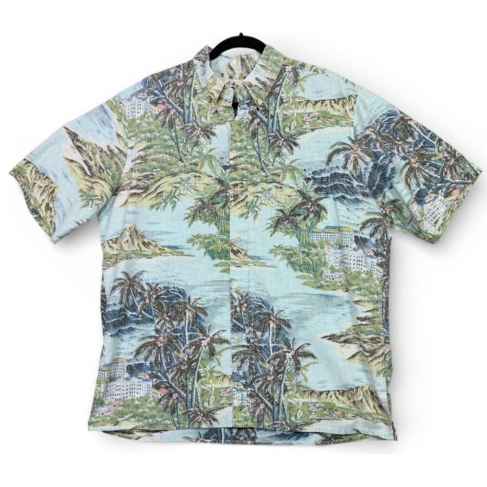 Reyn Spooner Hawaiian Shirt Mens XL Blue Diamond Head Royal Hawaiian Hotel